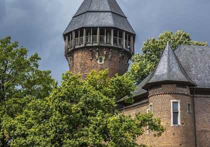 Turm und Teile der Außenmauer der Burg Linn. Davor Baumbewuchs.